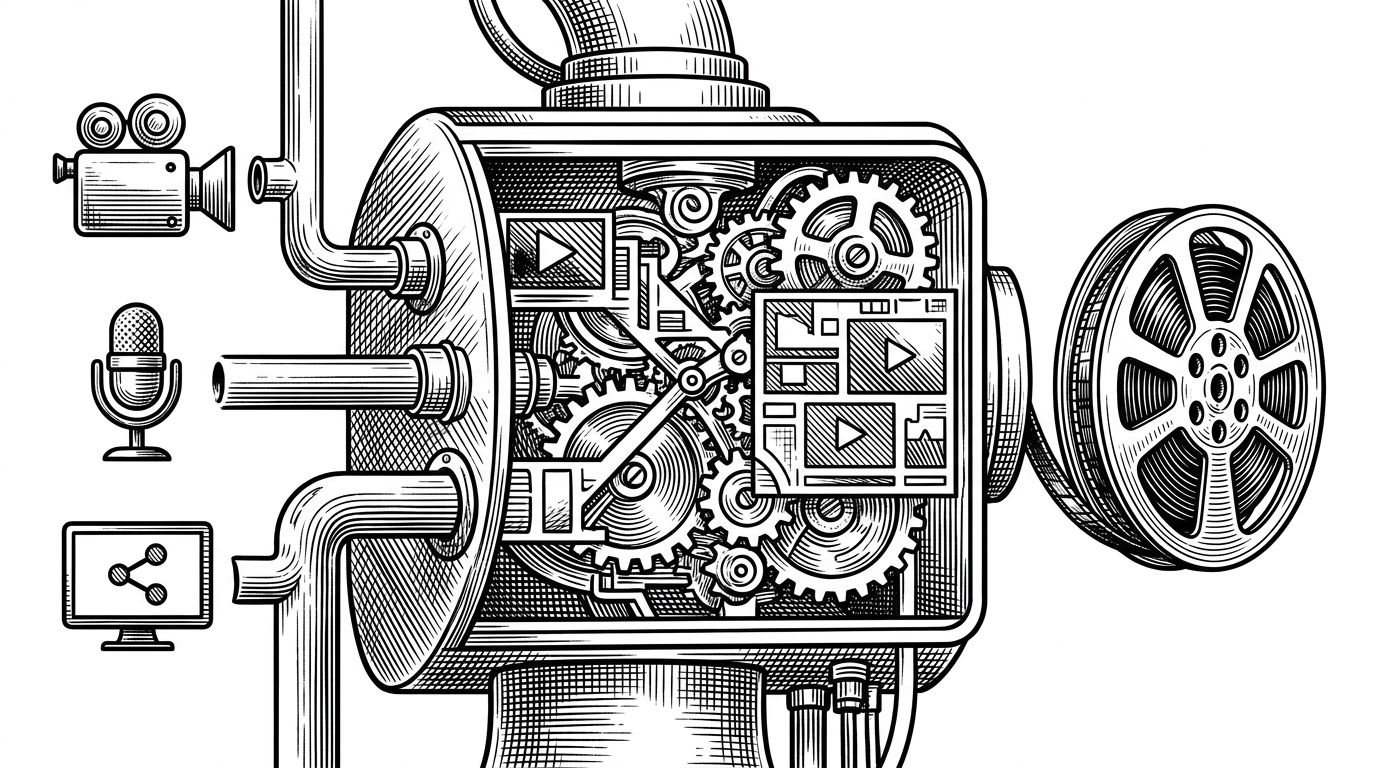 A close-up of a media assembly engine that takes camera, audio, and screen-share inputs on the left, folds them through a central FFmpeg chamber, and emits a single archived interview reel on the right. It explains how server-side recording turns separate live streams into one controlled recording.