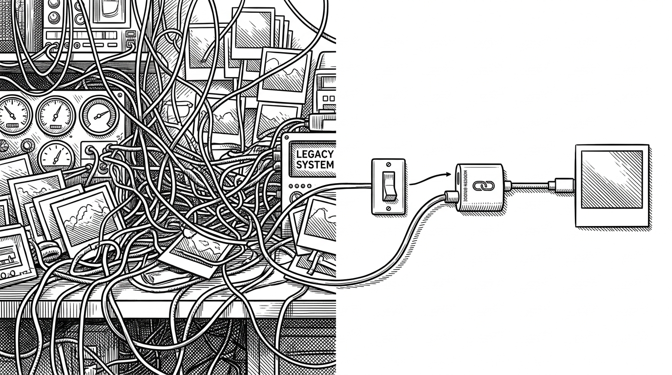 A cluttered workbench on one side gives way to a clean adapter on the other. The image shows why a direct UIKit bridge is simpler than forcing animation through a purely declarative surface that was never designed for it.