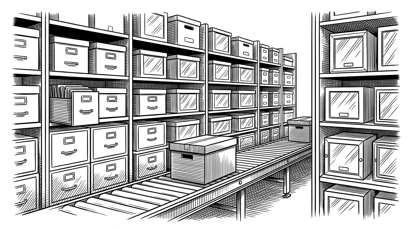 A neat archive of motion frames fills a compact warehouse while one new box moves quickly down a separate lane. The image explains the cache trade-off: more stored frames mean smoother playback, but also higher memory use.