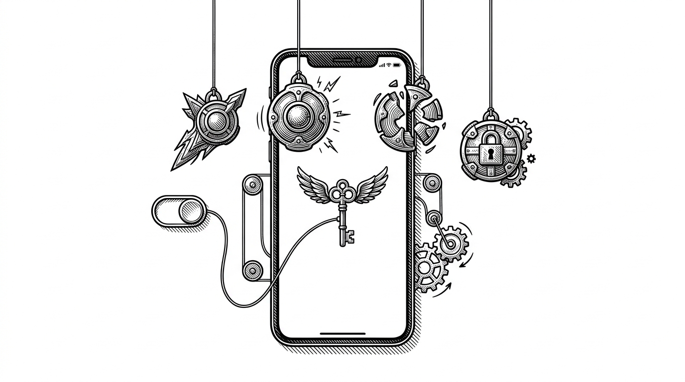 A small mascot sits inside a clean mobile app window while four abstract state tokens orbit around it. The composition explains that the component treats animation as a state problem, with the character responding to app logic instead of acting like a loose media file.