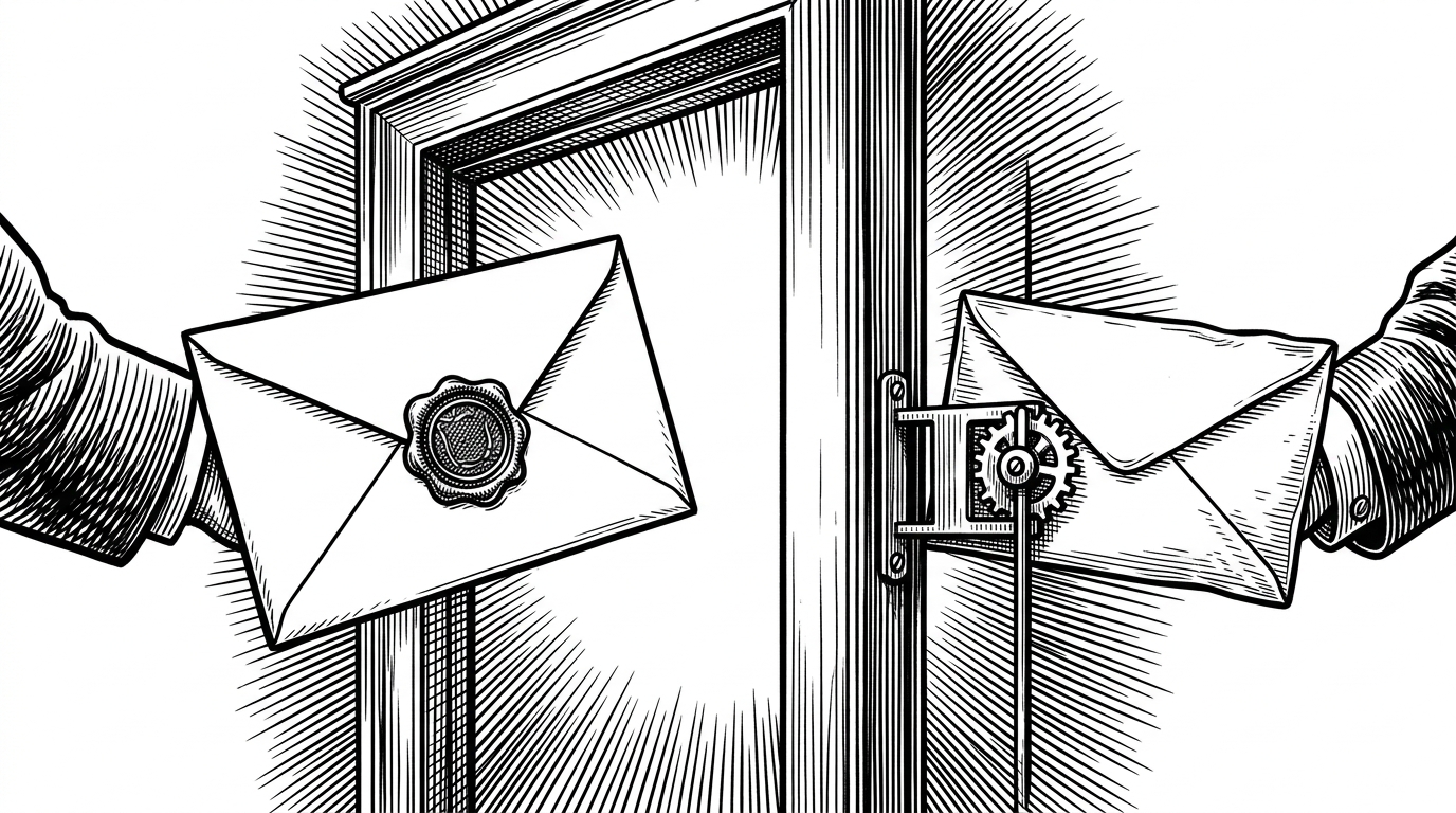 Two messenger envelopes race toward a framed display while a small latch blocks the older one from entering. The image explains how the newest animation request survives while an earlier async result is rejected before it can overwrite the screen.