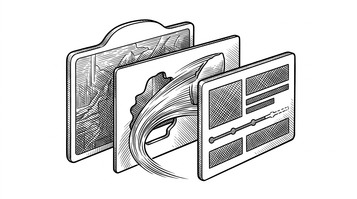 A close-up of three offset planes shows a background panel, a motion layer, and a foreground interface card. It explains how the repo builds depth with layered SwiftUI views rather than a flat page stack.