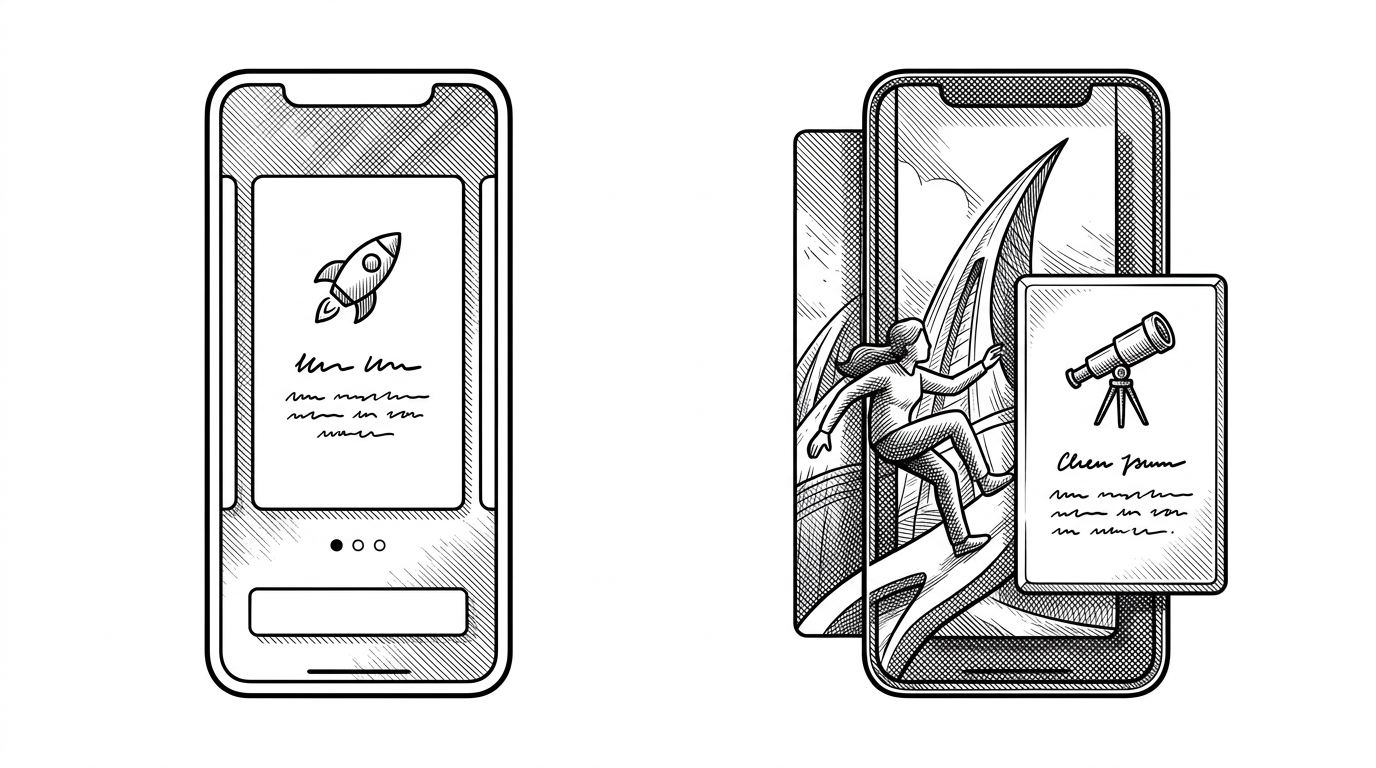 A split-screen editorial illustration contrasts a plain page-based onboarding flow with a layered cinematic stack. It explains why the repo feels authored rather than default.
