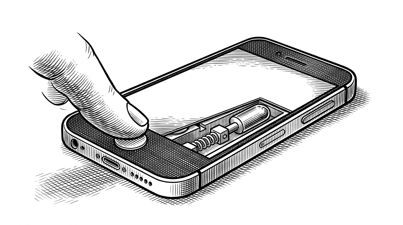 A smartphone sits on a workbench like a precision instrument, with one fingertip pressing a single oversized button while a spring-loaded mechanism is already wound beneath the surface. The image explains how the library turns a multi-step haptic setup into one intent-driven call without losing responsiveness.