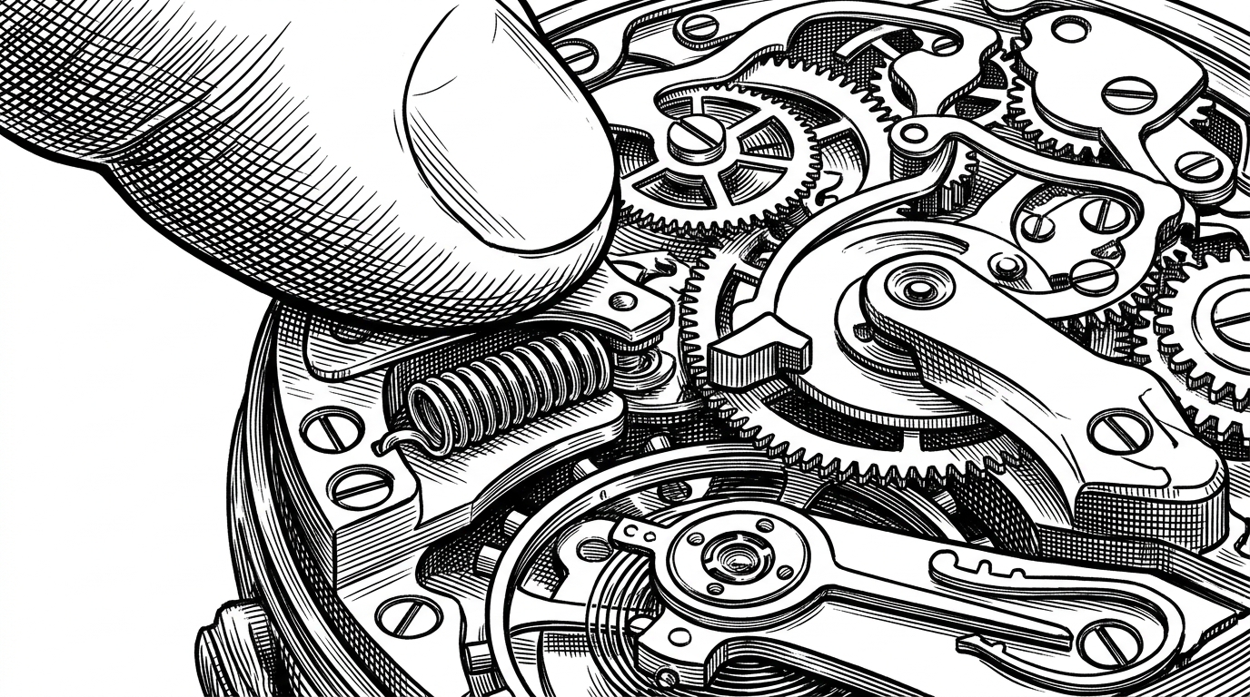 A close-up of a watchmaker's bench shows a tiny spring already wound tight, a thumb hovering over a lever, and a second pawl waiting to release the motion. The image explains why the warm-up step matters more than the tap itself when latency shapes perceived polish.
