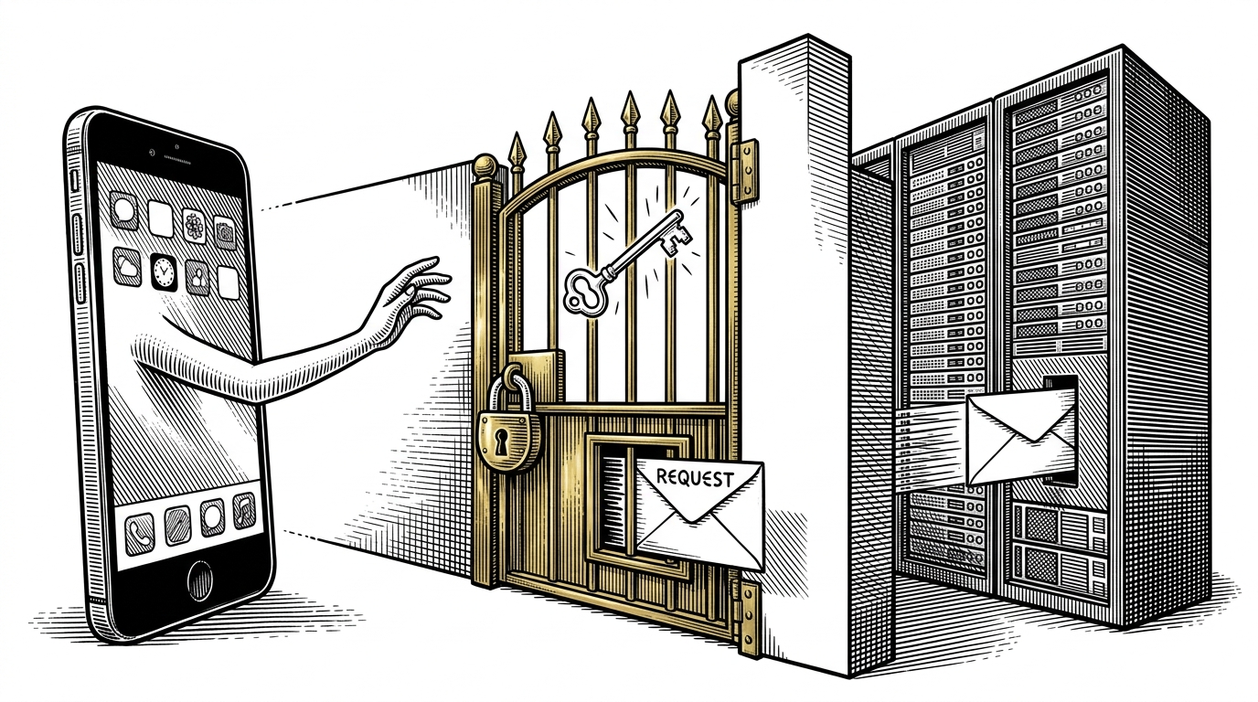 A wide editorial scene of a mobile app handing a glowing key toward a server checkpoint, with the key stopped behind a locked gate while a sealed request packet passes through. The image explains that the proxy’s real job is keeping secrets on the server side.