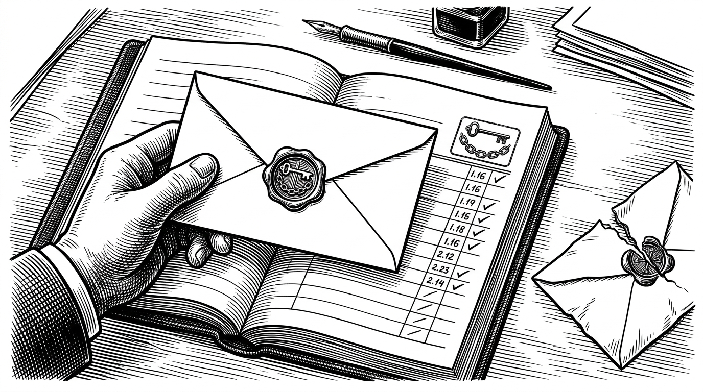 A close-up editorial scene of a wax-sealed envelope being checked against a matching ledger entry on a server desk. The image explains the shared-secret pattern, where the server recomputes the expected hash and rejects any mismatch.