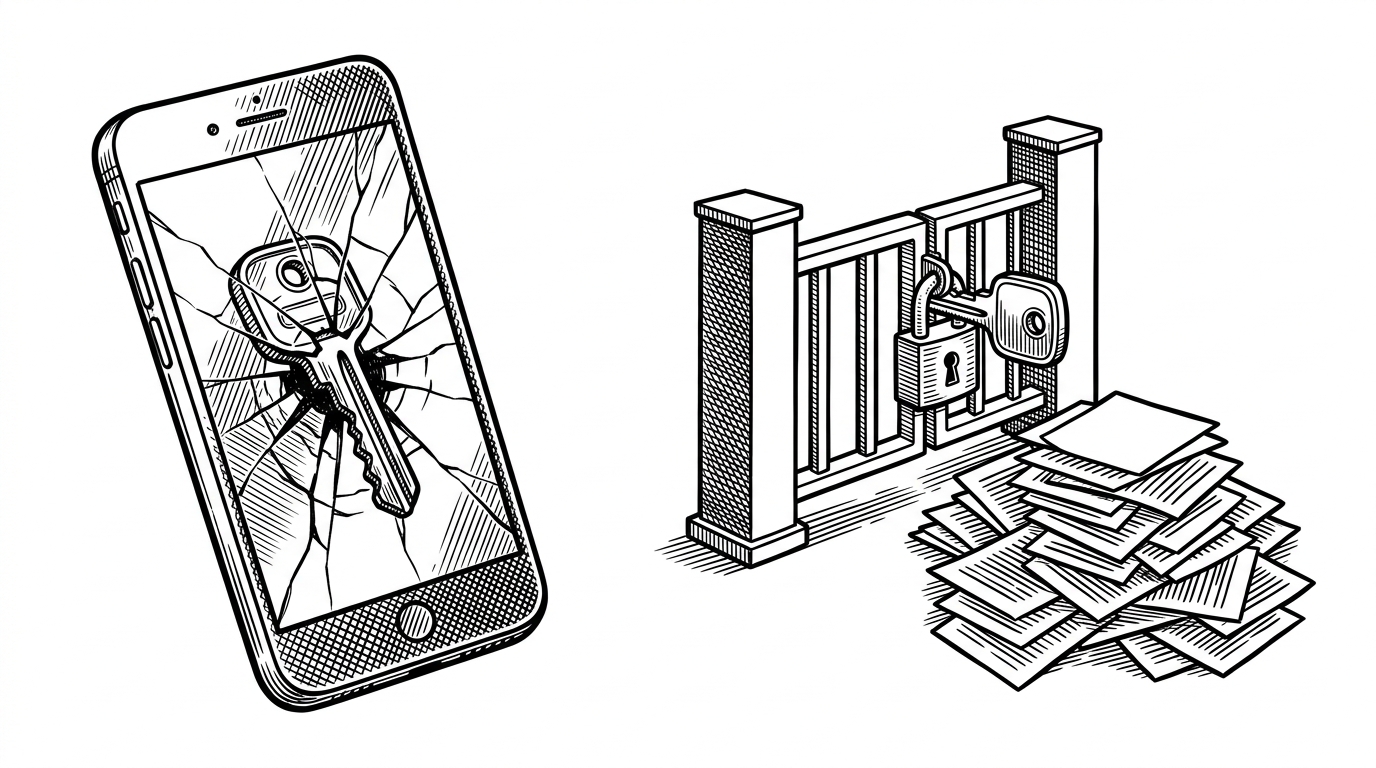 A split editorial scene. On one side, a phone app shows a visible embedded key and a cracked screen. On the other, a tidy PHP checkpoint stands between the app and the API, while a small pile of temporary files accumulates nearby. The image explains the security win and the operational cost.