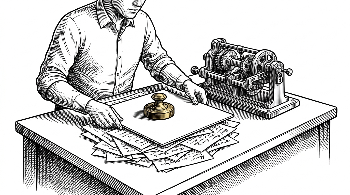 A medium editorial scene of a server clerk placing a rigid template sheet over a messy stack of client notes on a desk. The image explains that the server inserts the system prompt and controls the model settings, while client messages remain below.