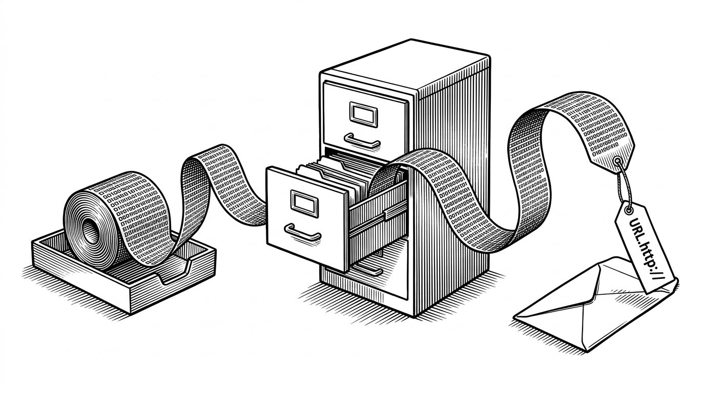 A wide editorial scene showing a ribbon of encoded image data unspooling from an upload form, passing through a temporary file cabinet, and emerging as a short-lived URL tag for an API request. The image explains how base64 becomes a hosted asset for multimodal input.