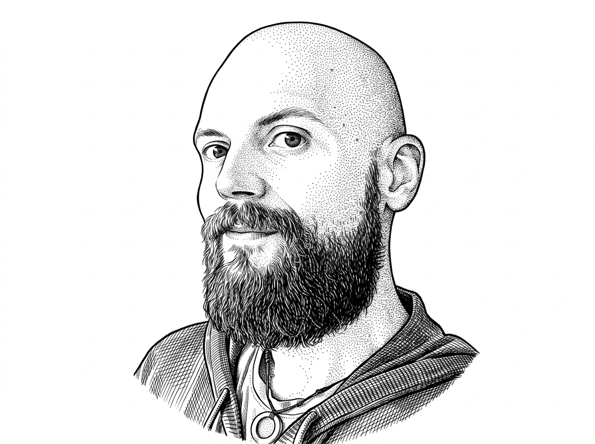 A WSJ hedcut-style portrait of Adam Lyttle rendered in black ink on a pure white background. The portrait is based on his GitHub avatar and preserves his likeness while using stipple texture for skin and fine hatching for hair and clothing.