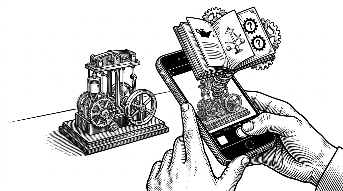 A medium editorial scene shows an iPhone camera aimed at a tabletop object, with the interface snapping into a ready state as soon as the photo is captured. The composition explains how the app turns a camera frame into an immediate question instead of waiting for the user to type.