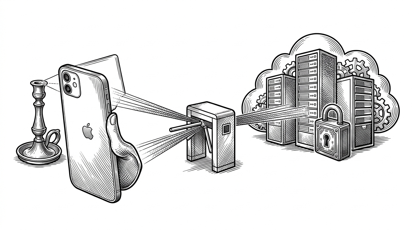 A wide editorial scene shows an iPhone camera on the left, a small proxy server in the center, and an OpenAI cloud on the right. A sealed key stays behind the server while a request line moves from the phone toward the cloud, explaining that the app keeps the secret off the device.
