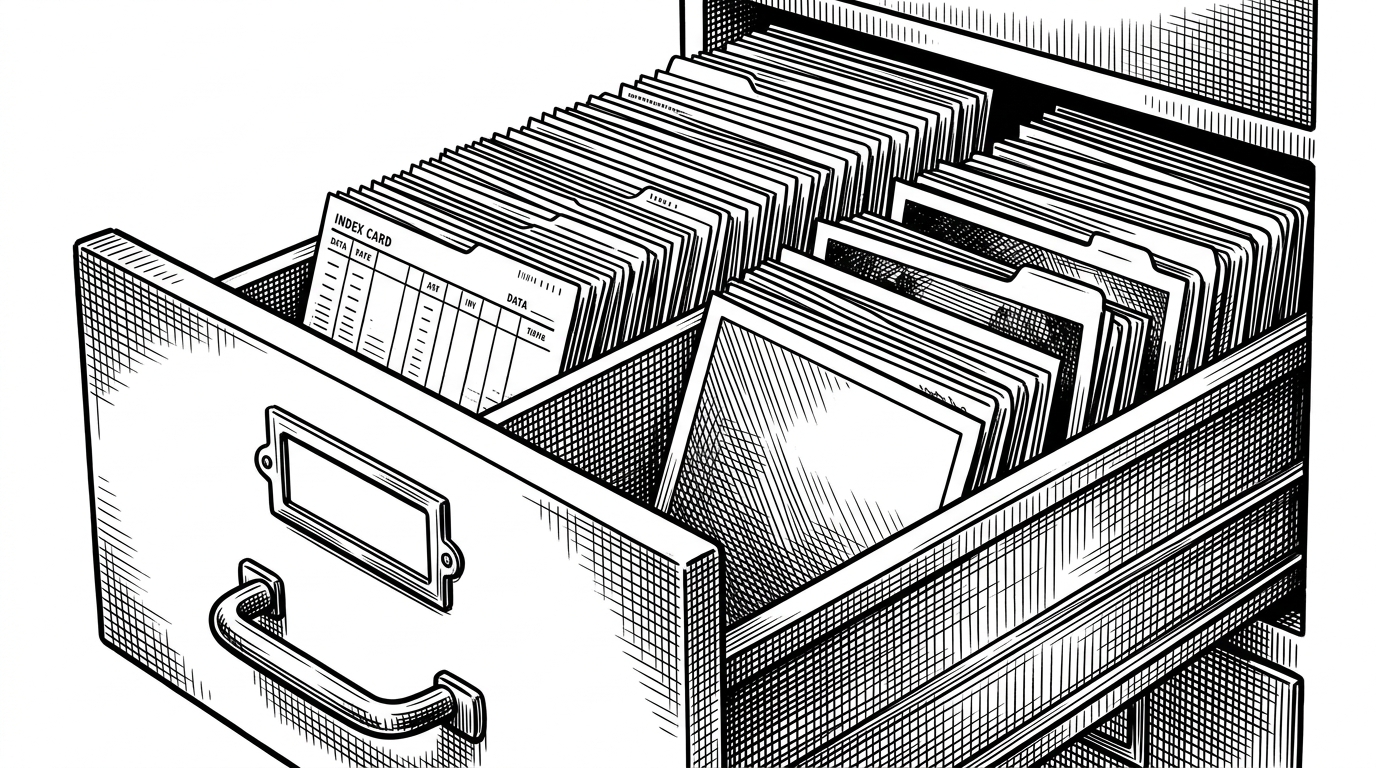 A medium-close editorial scene shows a filing drawer split into two compartments, with thin metadata cards in one side and image files in the other. The composition explains the split between lightweight chat history storage and heavier photo persistence on disk.