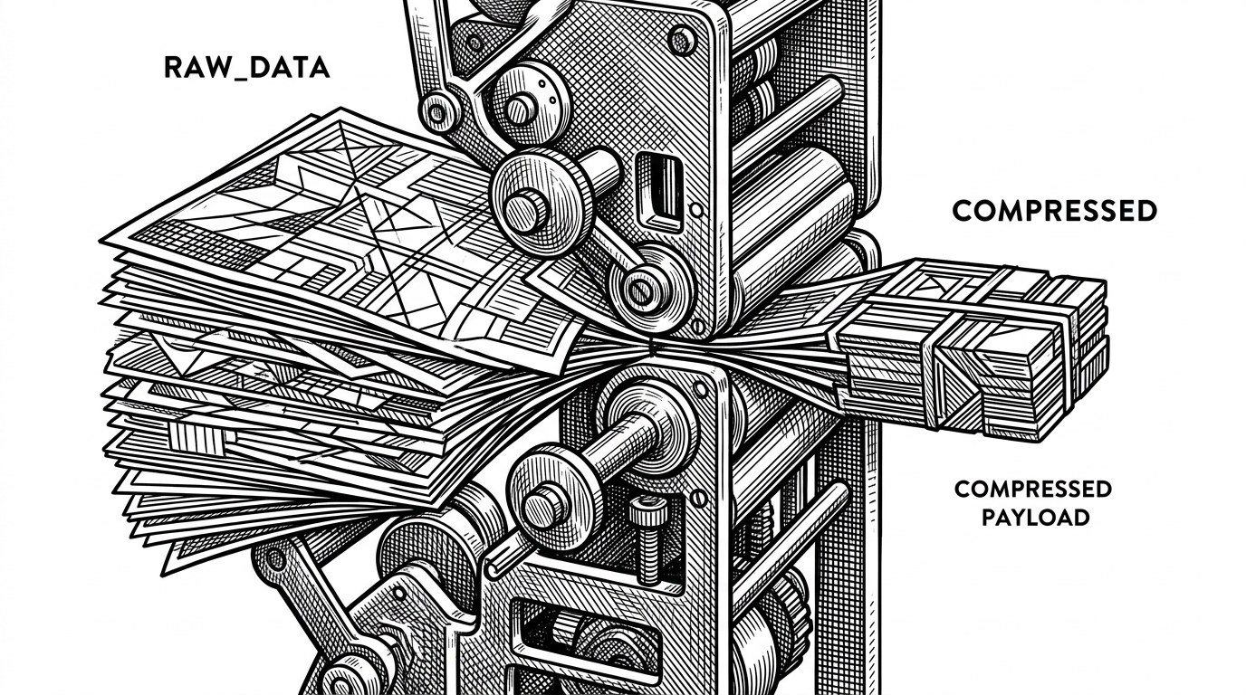 A close-up editorial scene shows a large raw photograph passing through a narrow gate and emerging as a smaller, lighter packet on the other side. The image explains how the app trims payload size before the request leaves the phone, which keeps latency and cost under control.