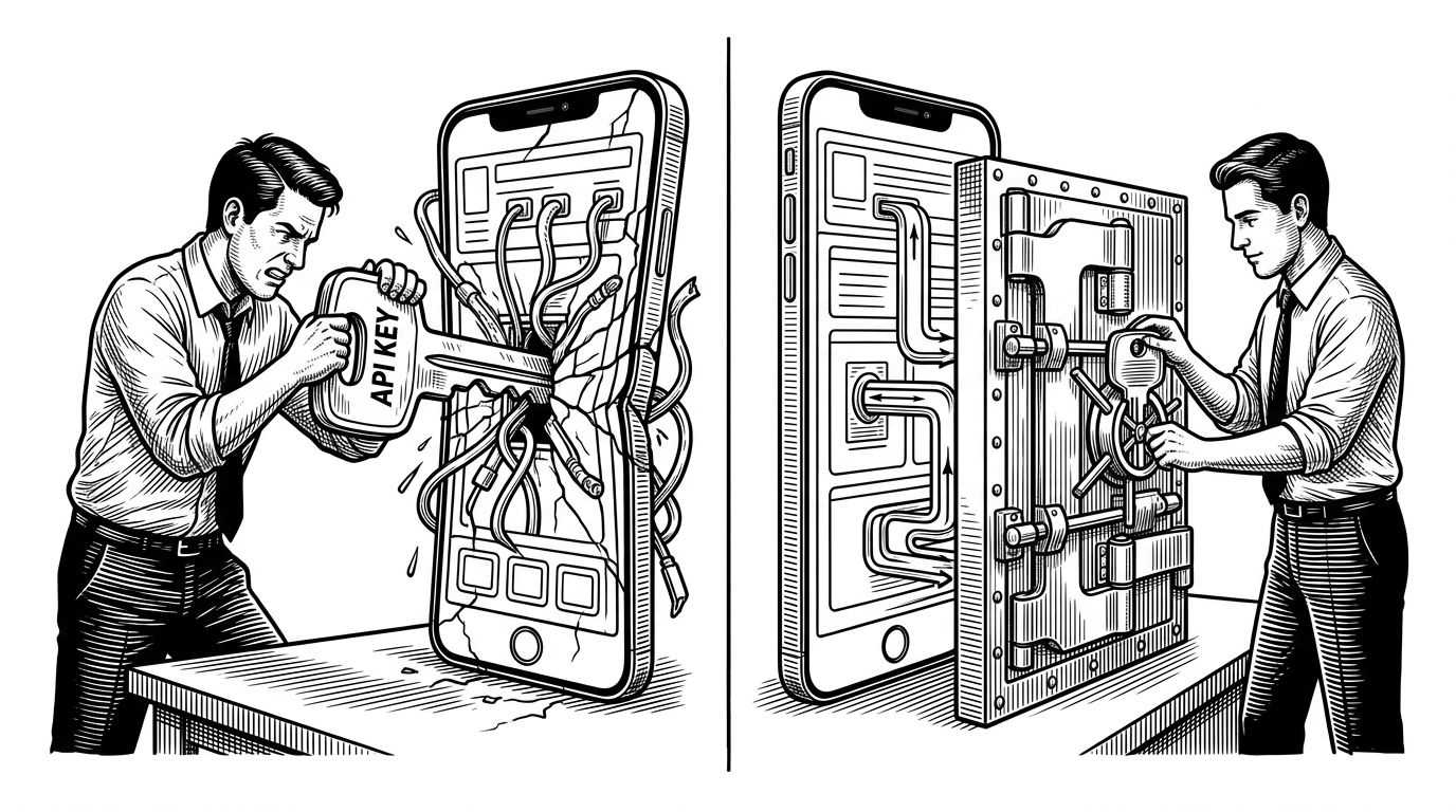 A wide side-by-side editorial scene contrasts two ways to ship mobile AI. On the left, a developer stuffs a key into a phone and tries to hide it in the app. On the right, the same developer routes requests through a proxy box with the key locked away, making the safer architecture feel visibly cleaner.