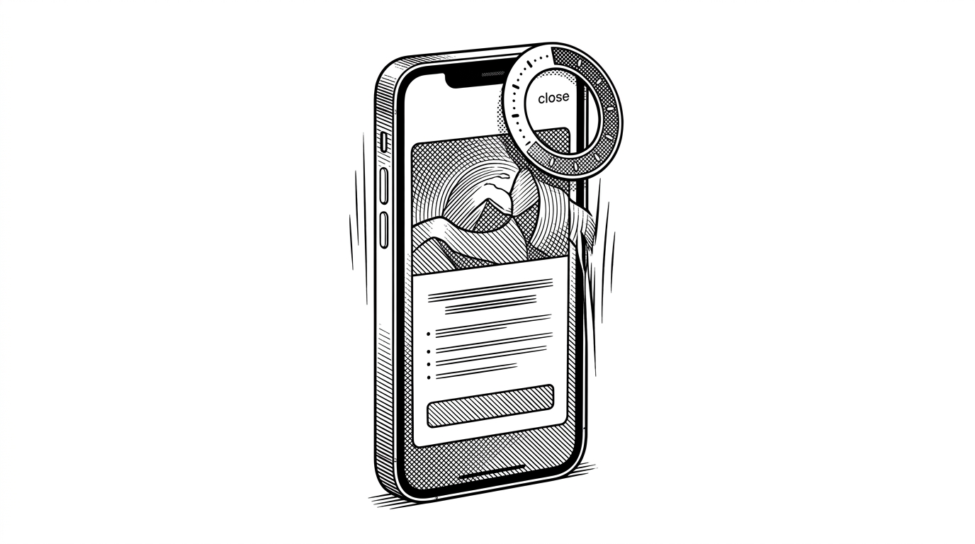 A lone iPhone-style paywall stands on a pure white field, with a circular countdown ring around the close control and a hero image that looks slightly jolted in motion. The scene explains that the repo is not just a screen layout, but a timed interaction that decides when the user can leave.