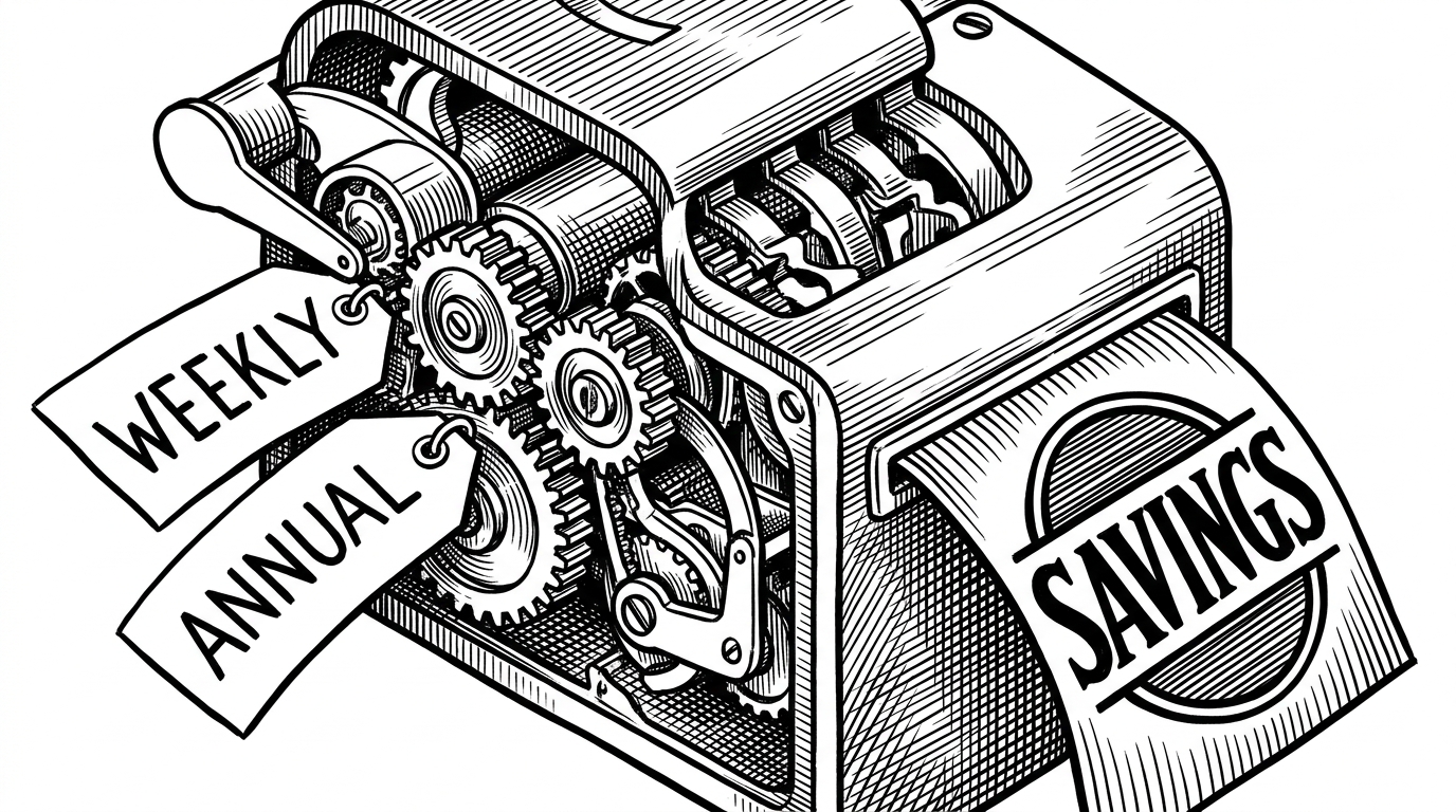 A close-up of pricing numbers being pulled through a small mechanical system, with a weekly price on one side and an annual price on the other. The scene explains how the repo computes savings dynamically instead of hard-coding a badge.