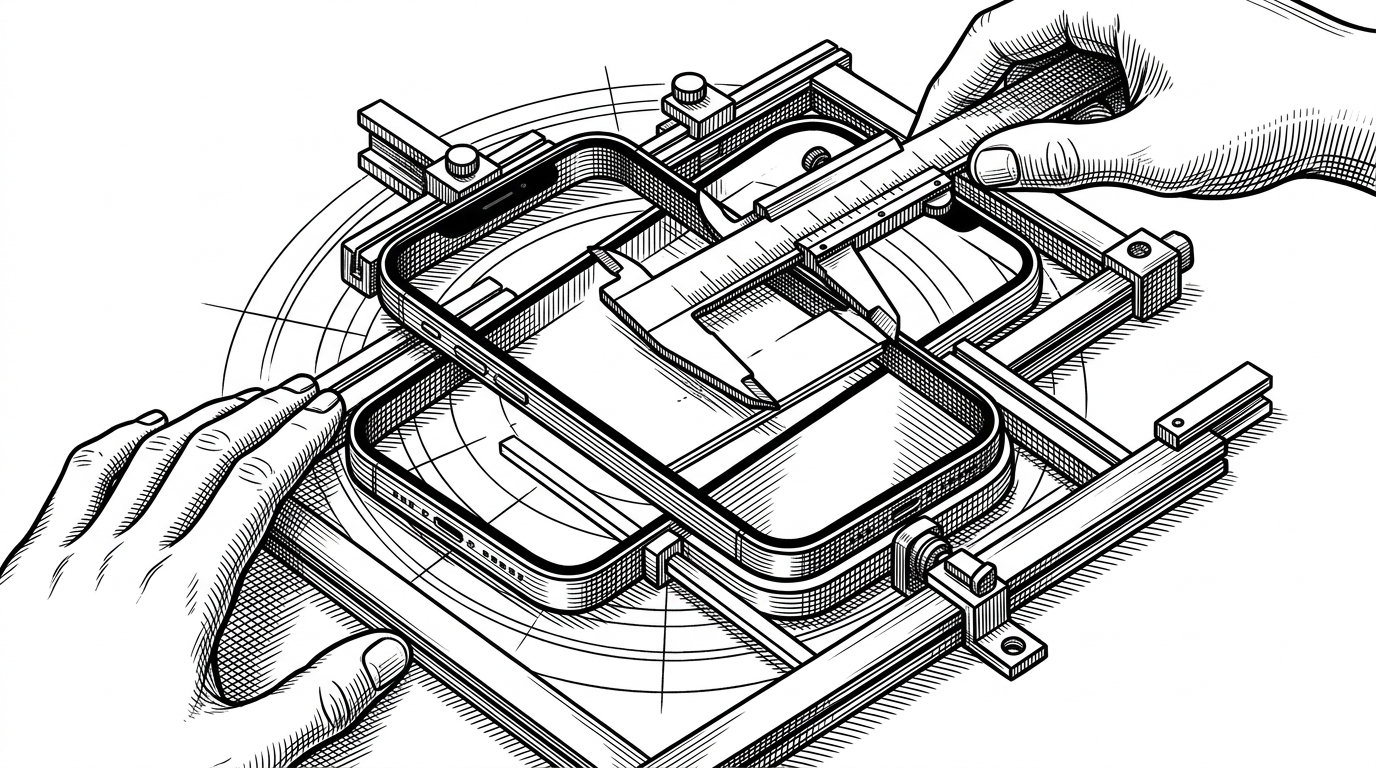 A tight view of a screenshot being assembled from precise layers, with a device bezel, clipped screen, headline block, and fit-to-width measurement marks locked into place. It explains why the repo uses a rigid scaffold before any AI polish is added.