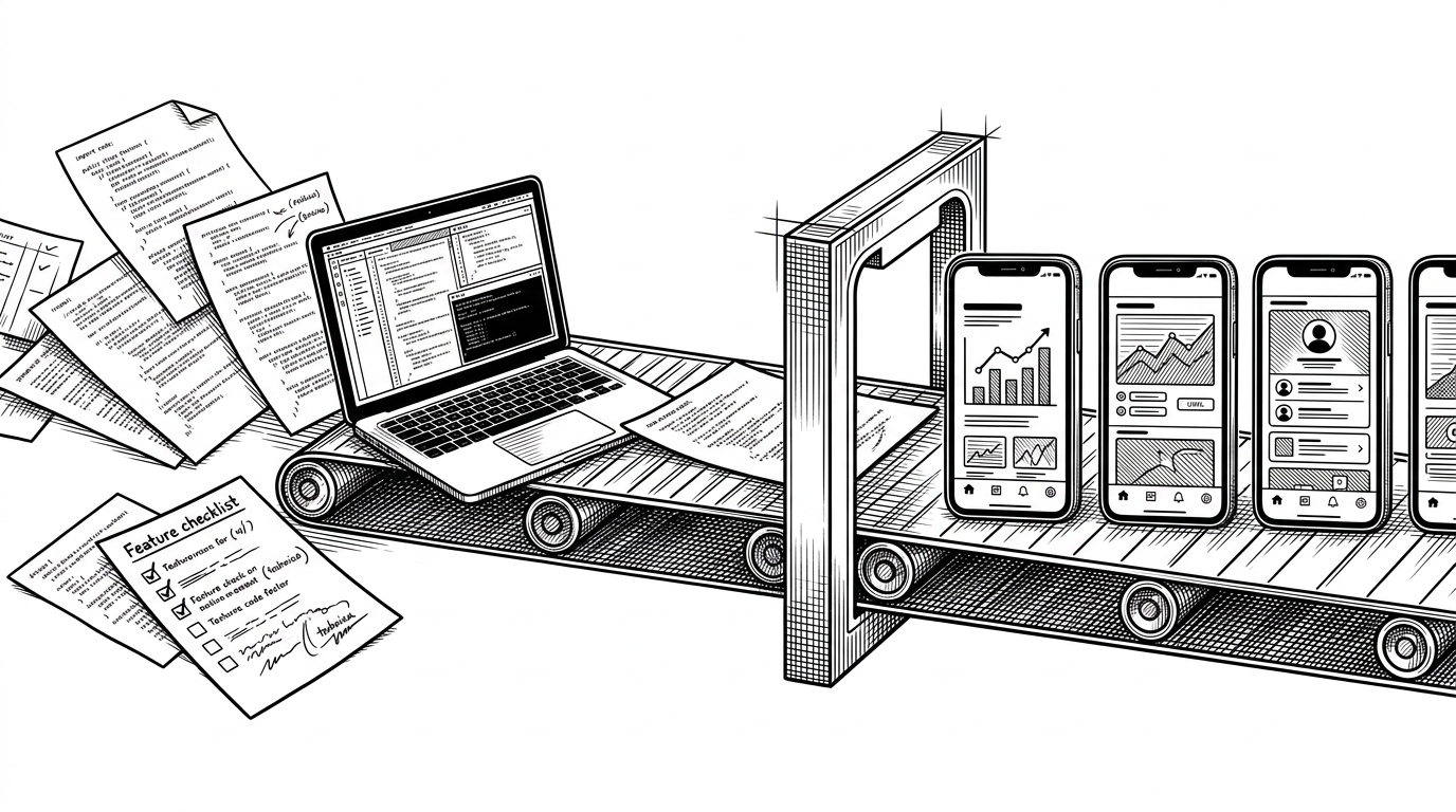 A developer desk where source files, feature notes, and layout tools feed into a mechanical line that stamps finished App Store screenshot panels into phone frames. It explains the core idea of the repo: screenshots are compiled from code, not handcrafted from scratch.