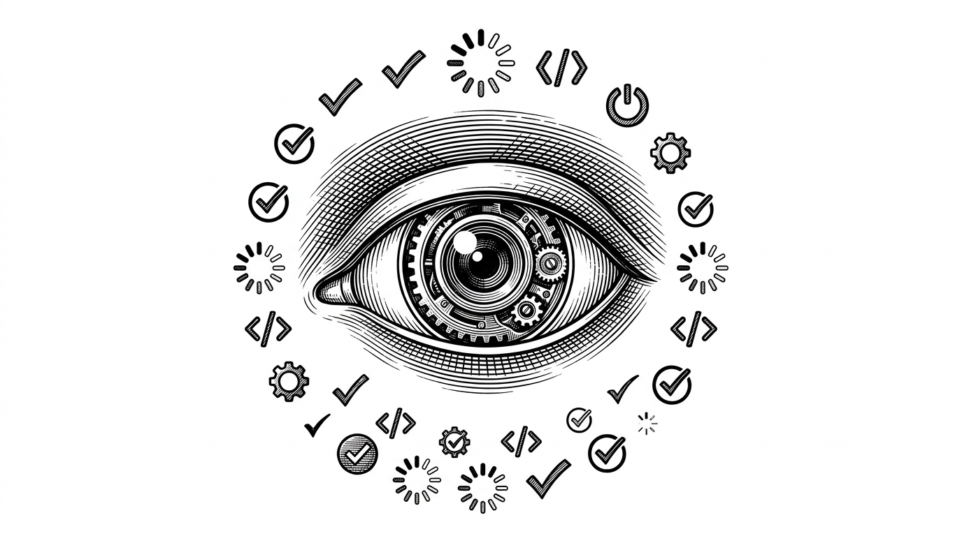 A close-up illustration of a mechanical eye surrounded by a digital halo of status icons, representing the ambient awareness of the AI agent's state.