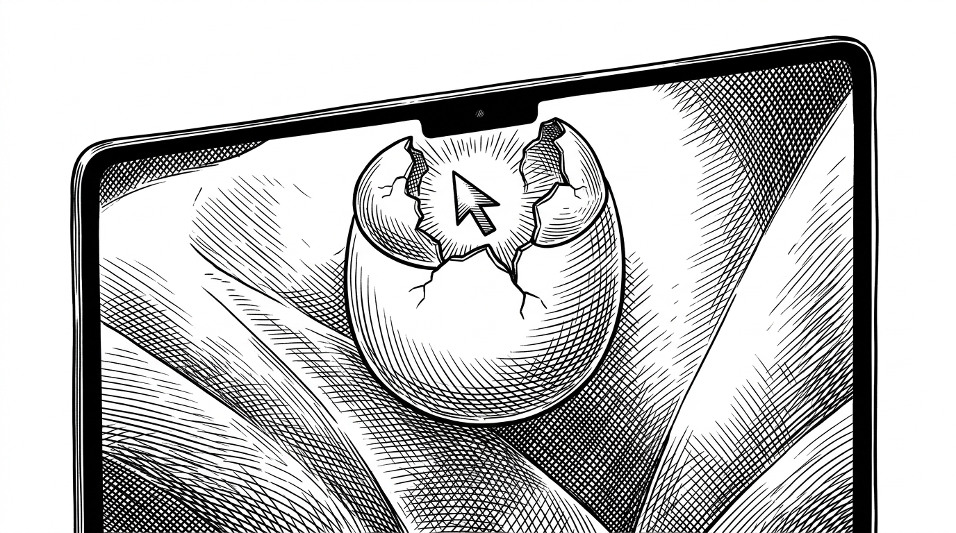 A black ink illustration of a MacBook screen where the physical notch is cracking open like an egg, revealing a glowing terminal cursor inside. This represents turning dead hardware space into a functional AI interface.