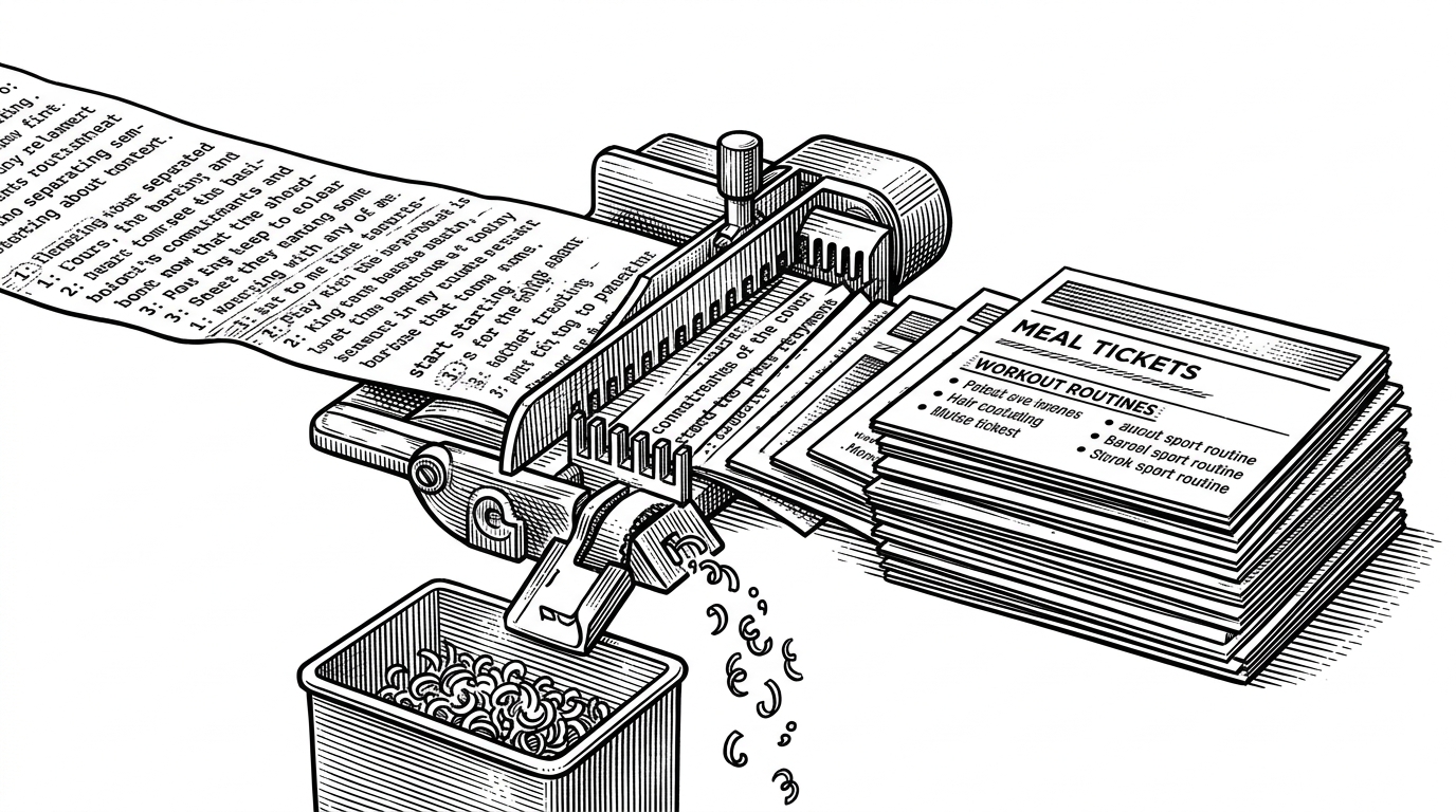 A close-up of a parsing handoff shows a raw text payload arriving from the API on the left and becoming a set of clean cards on the right. In the middle, a parsing mechanism splits semicolon-separated text and strips numeric prefixes before the data is displayed as meal and workout blocks.