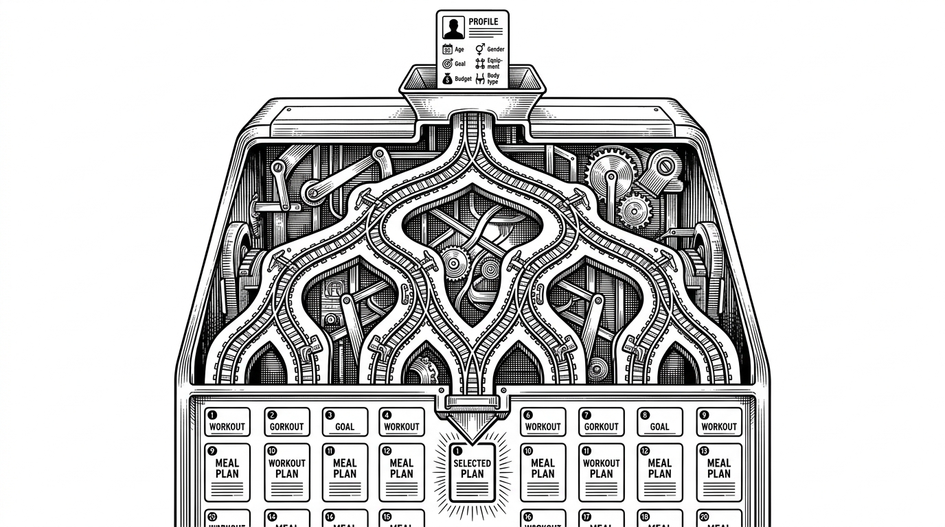 A branching decision tree acts like a physical routing machine. A user profile card enters from the top, passes through split points, and ends at one highlighted row in a grid of workout and meal plans. The image explains that the model is selecting a dataset record, not generating a new plan from scratch.
