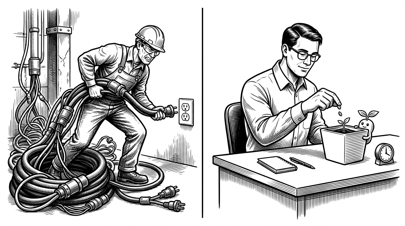 A split scene contrasting a heavy industrial cable being plugged into a wall with a simple seed being dropped into a small pot.