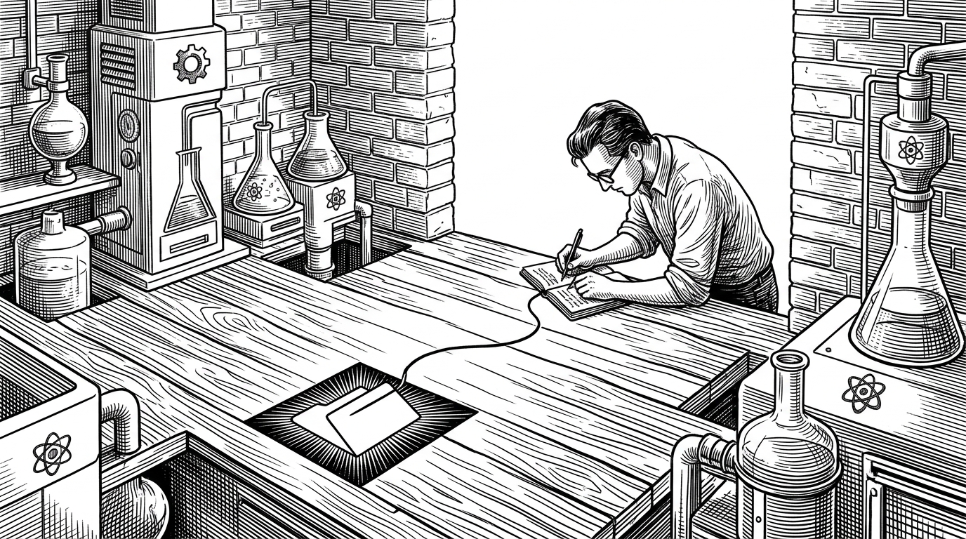 A minimalist laboratory where the equipment is integrated into the floorboards and a researcher writes in a notebook tethered to a glowing floor tile.