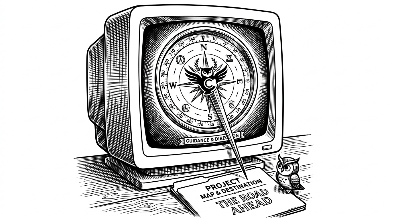 A glowing compass on a computer terminal screen pointing directly to a physical manila folder sitting on the desk.