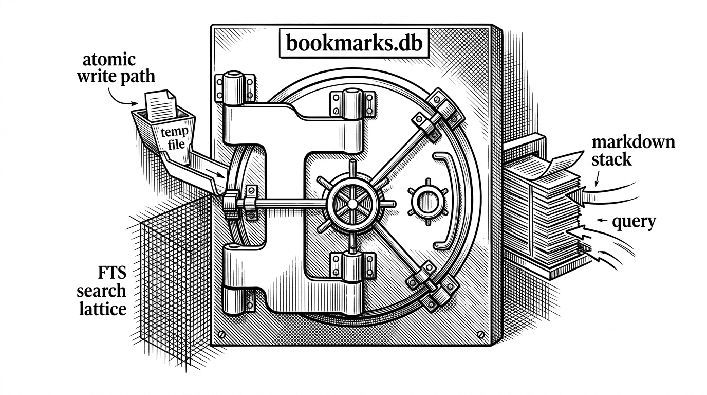A close-up technical cutaway shows a sealed vault door labeled bookmarks.db, with one mechanism feeding markdown pages into it and another pulling searchable text out through an FTS lattice. It explains that the database is durable storage and a search engine, not a casual cache.