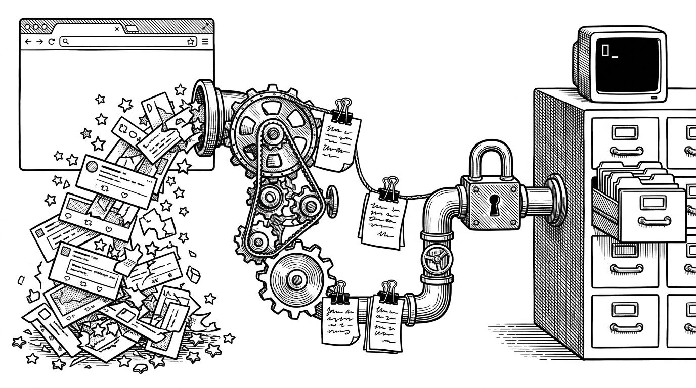 A wide black-and-white editorial illustration shows a browser window spilling bookmark stars and post fragments into a hand-built pipeline that ends in a tidy local library cabinet and terminal prompt. It explains how the tool turns platform-bound saves into durable, queryable local memory.