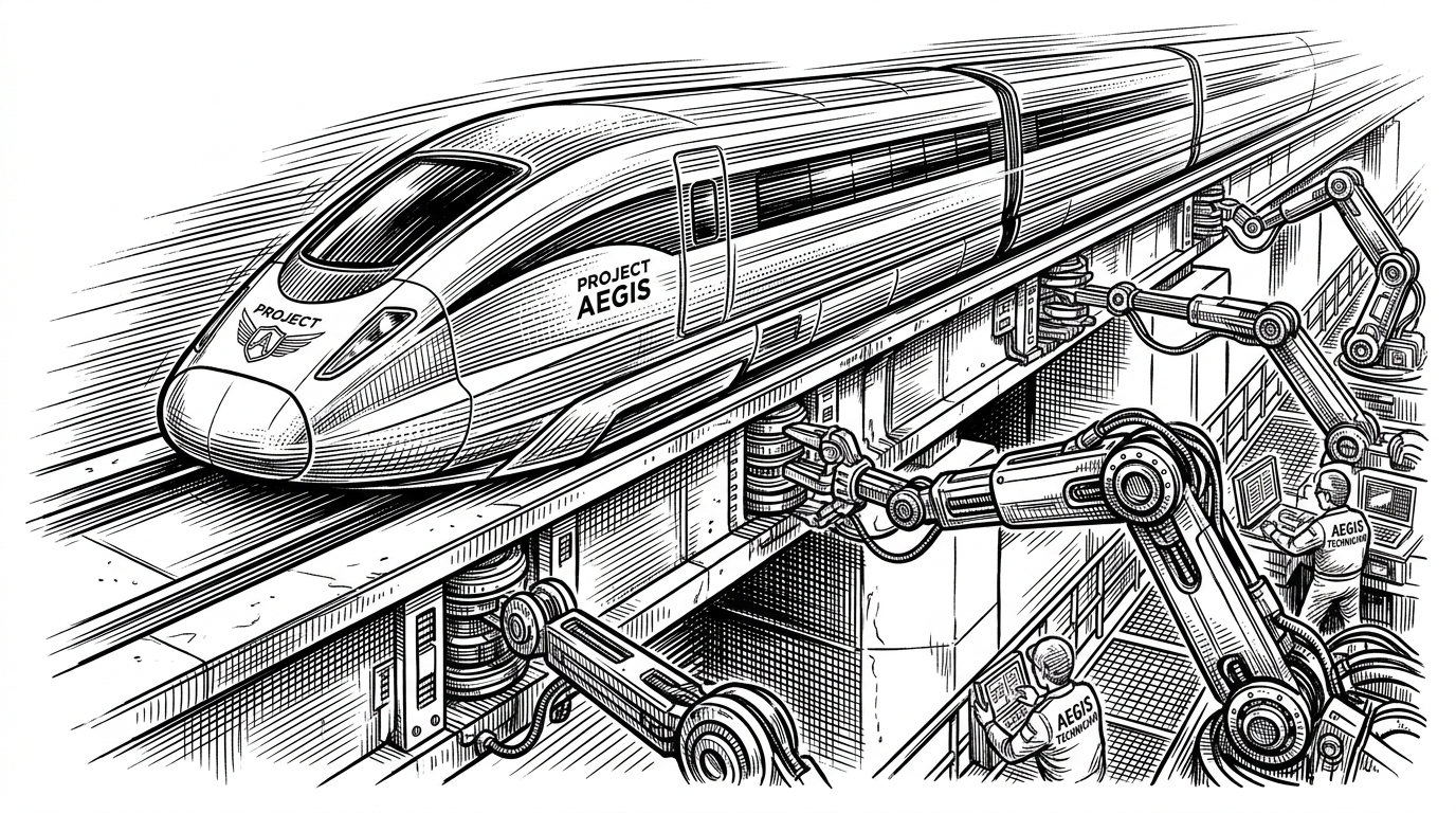 A high-speed maglev train representing an AI agent, guided by mechanical arms that adjust the track in real-time.