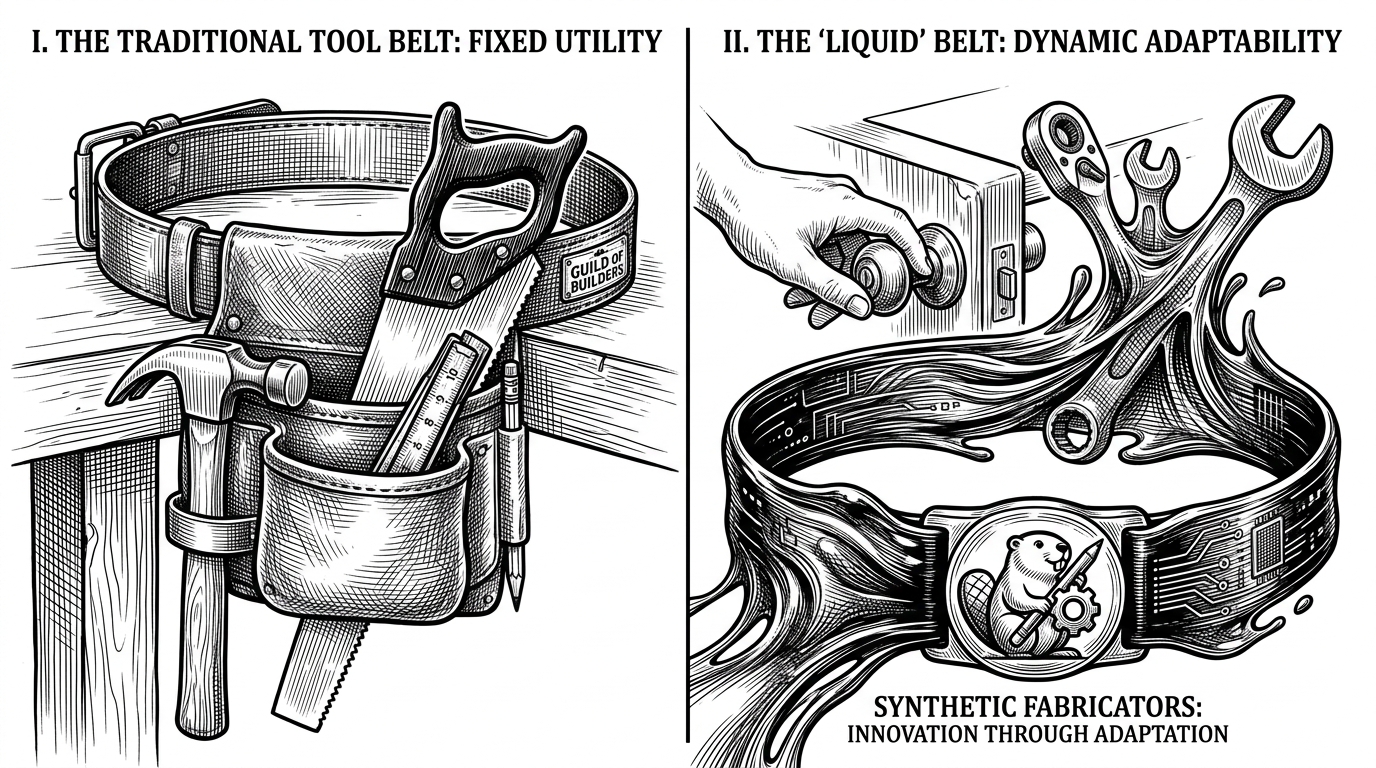 A split-screen comparison: a traditional static toolbelt versus a dynamic, liquid toolbelt that morphs based on the task.