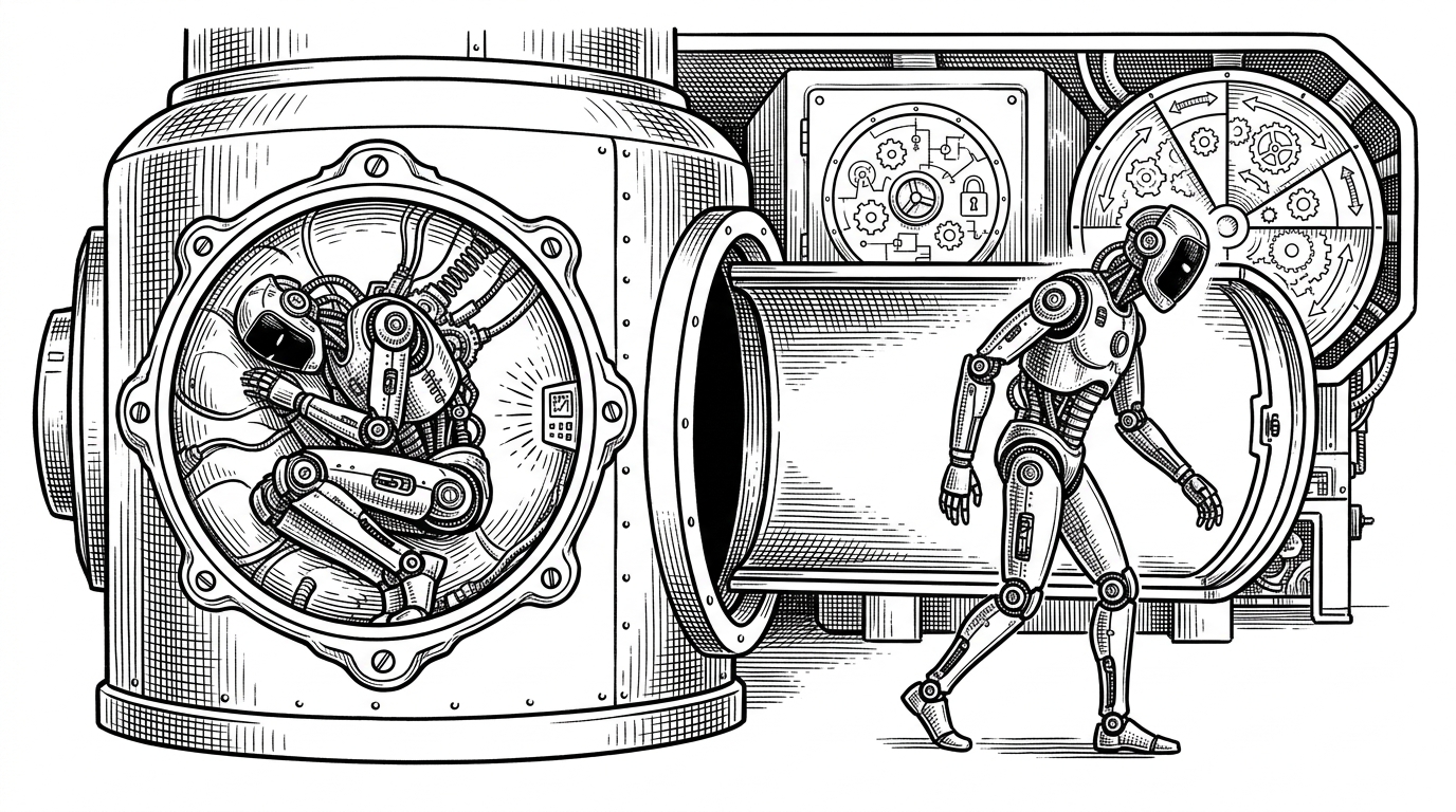 A clockwork agent sleeps inside a sealed chamber while a storage vault and scheduler wheel sit around it. One side of the chamber is lit by a terminal glow, while the other shows the same agent restored and ready to continue. This illustrates the article's core idea: agents as durable processes, not fragile chat sessions.