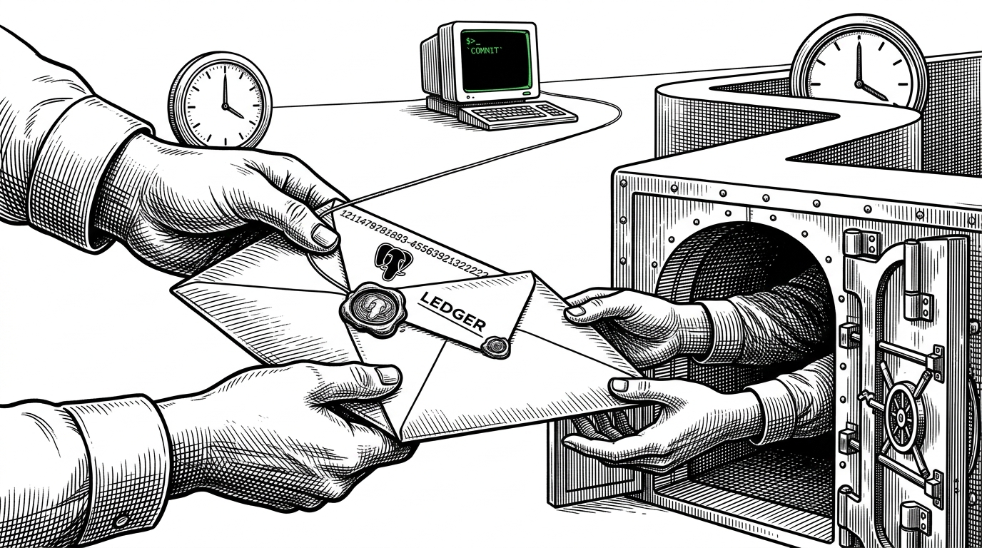 A close-up shows a ledger passing a sealed envelope toward a storage vault while a thin thread remains connected to a waiting terminal. Two small clocks show a short pause and a long pause, and the long path bends into storage. This explains the runtime's threshold between an in-memory wait and a durable dehydration cycle.