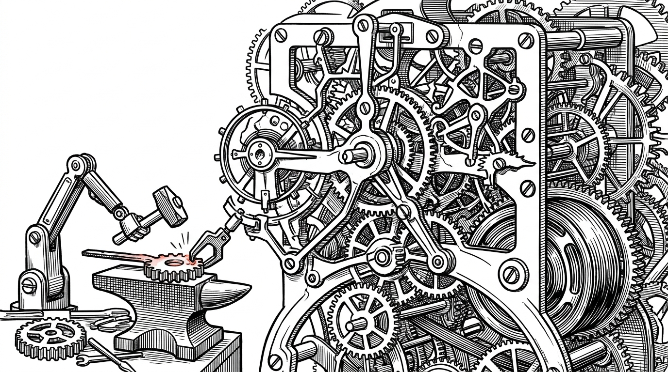 A mechanical arm forging its own gears on an anvil to expand a larger clockwork machine.