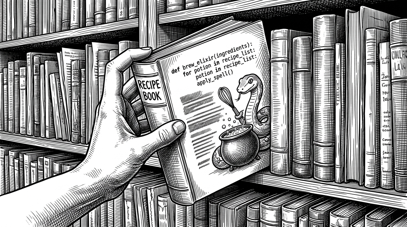 A hand-drawn recipe book filled with Python code being placed onto a massive shelf of similar journals.