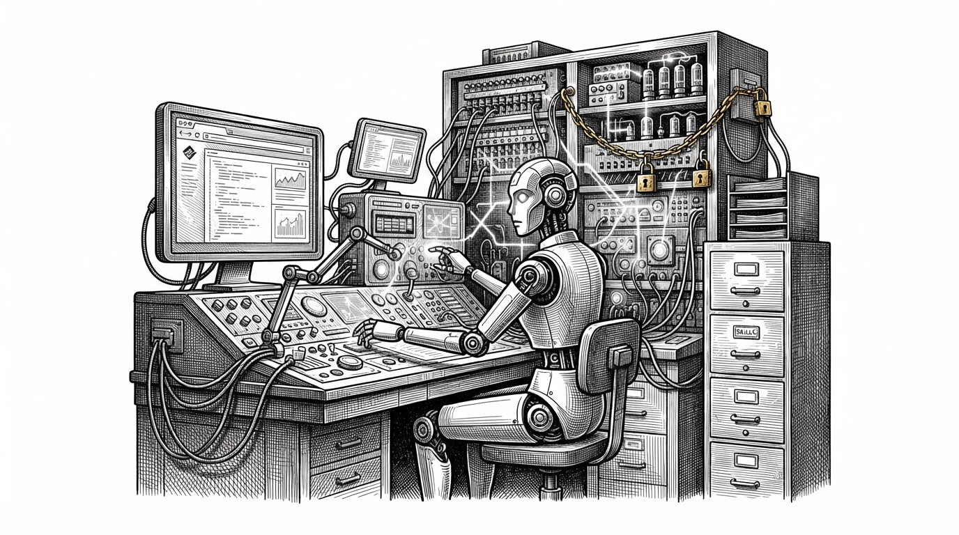 A wide editorial illustration of an AI worker seated at an operations desk surrounded by a browser monitor, a filing cabinet labeled skills, and a rack of locks and relays. The scene explains that Ankole is built like infrastructure for durable work, not like a chat window.