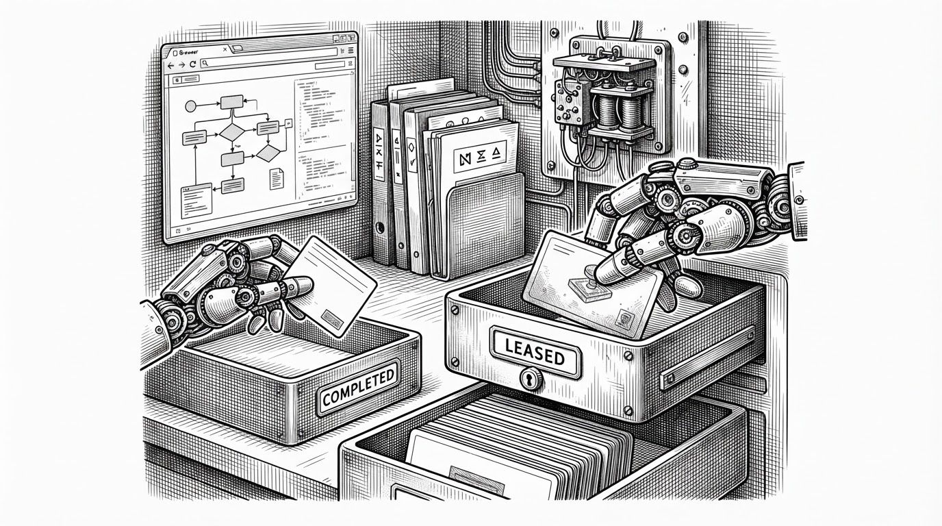 A close-up editorial illustration of a mechanical hand placing a task card into a locked tray while another hand retrieves a completed card from a second tray. A browser screen, file stack, and relay box sit in the background. The image explains runtime ownership, leases, and durable task handoff.
