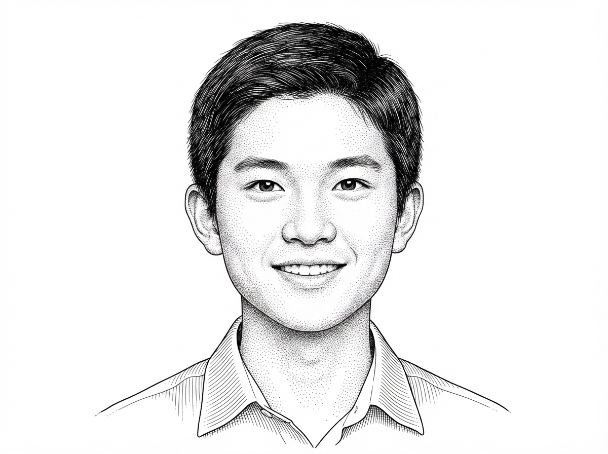 A WSJ hedcut-style portrait of Ahmed xuhri, the creator of BGI, rendered in black ink on white. The portrait gives a human anchor to the project’s design and editorial framing.