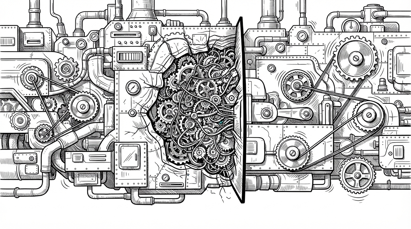 A tangled machine of interlocking gears and channels, with one cluster pressing against a hard boundary line while the rest of the system keeps moving. The image explains BGI’s central idea: when a code cluster tries to grow too large, that failure becomes evidence about where the architecture wants to split.