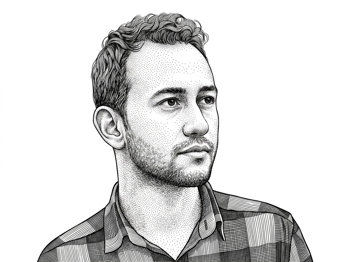 A hedcut-style portrait of Ahmet Alp Balkan based on his GitHub avatar. It presents the maintainer behind the tool as a technical specialist building a recovery utility for Kubernetes storage.