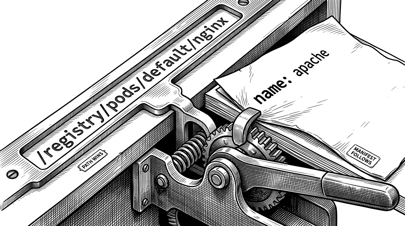 A tight split desk scene shows a metal rail engraved with the key path /registry/pods/default/nginx on one side and a YAML document insisting on name: apache on the other. A mechanical lever underneath forces the YAML name to snap into alignment with the path. It explains that the etcd path overrides the manifest when identity is reconstructed.