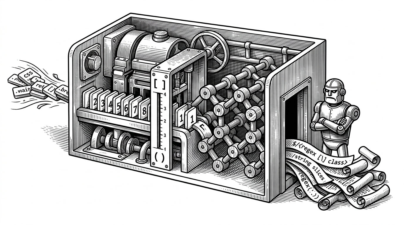 A close-up engine room shows Tailwind tokens moving through numbered character tiles, bracket depth gauges, and a compact trie lattice. A side pile of regex scrolls and string slices sits rejected at the door. The image explains how cnfast parses and resolves class names while avoiding wasted work.