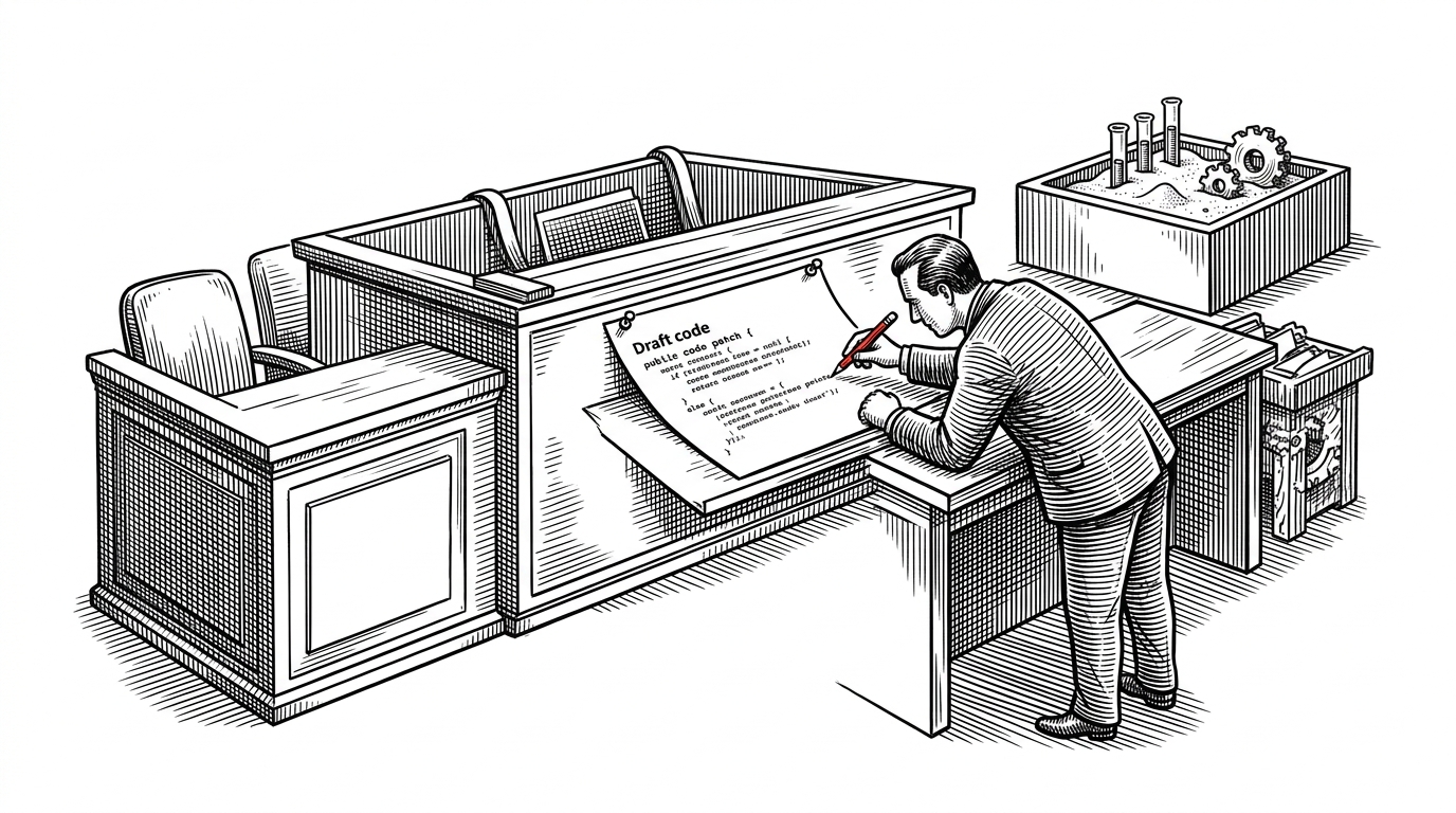 A wide black-and-white editorial scene that turns a coding workspace into a courtroom. A draft patch sits on a bench of tools and printouts while a critic figure points to weaknesses and a sandbox chamber waits to test the result. It explains the article's core idea: code is not accepted until it survives challenge and execution.