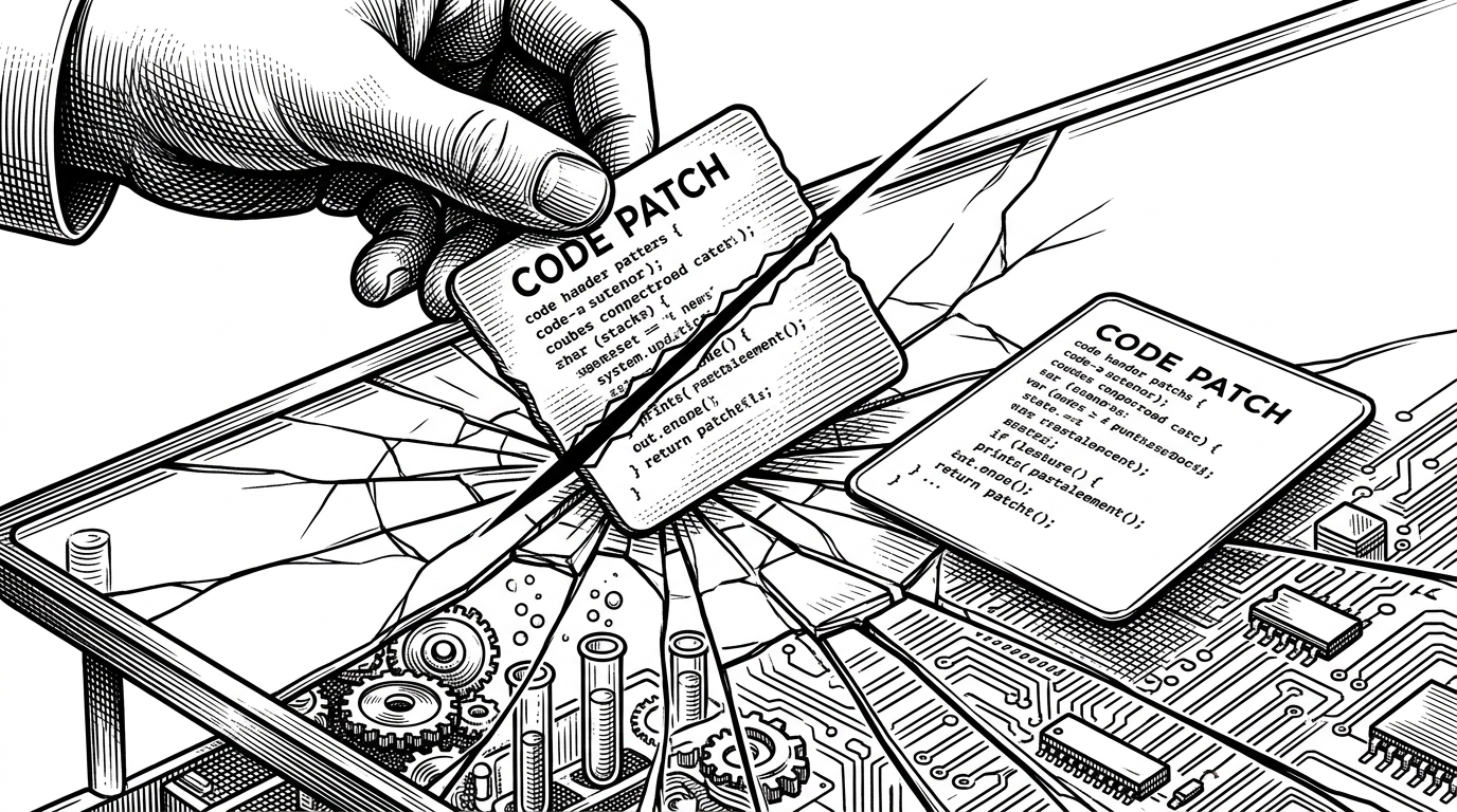 A tight black-and-white close-up of a single code patch held over a cracked glass surface. One side is marked by a critic's hard line, while a cleaner replacement patch waits nearby. The image explains how the arena tests revisions instead of trusting them immediately.