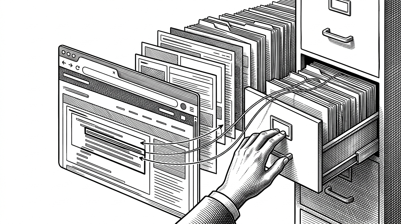 A browser window is pulled apart into a trail of source files, component stacks, and framework-specific hooks. The image explains the article's core idea: turning a live element into a precise path back to its code.