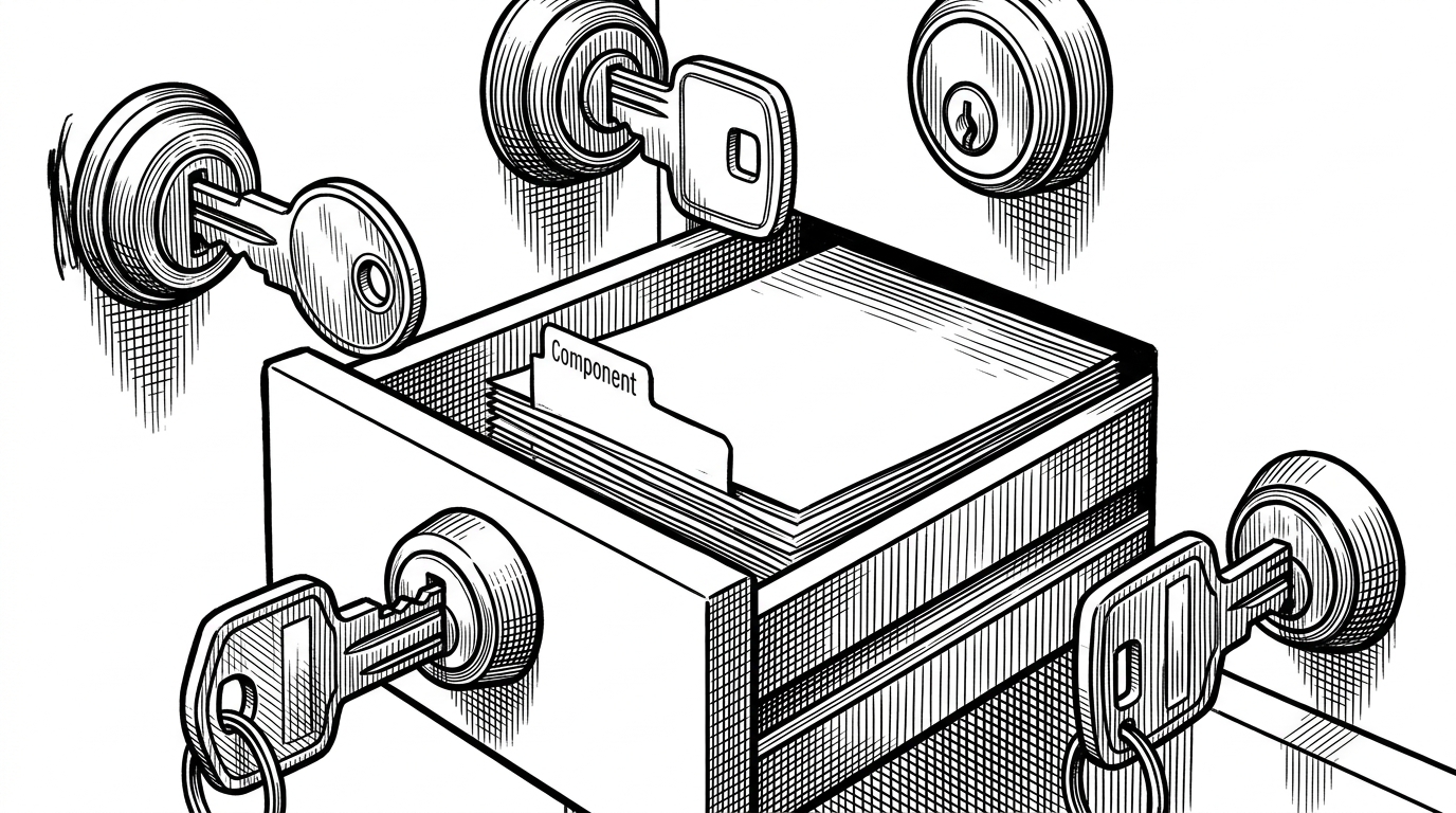 A tight close-up of five differently cut keys opening different locks around one shared source drawer. It shows that each framework takes a different route, but all of them feed the same resolver.